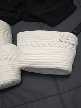 Set Of 4 Rope Basket Braided Cotton Storage Bins in Cream - Heavy Duty